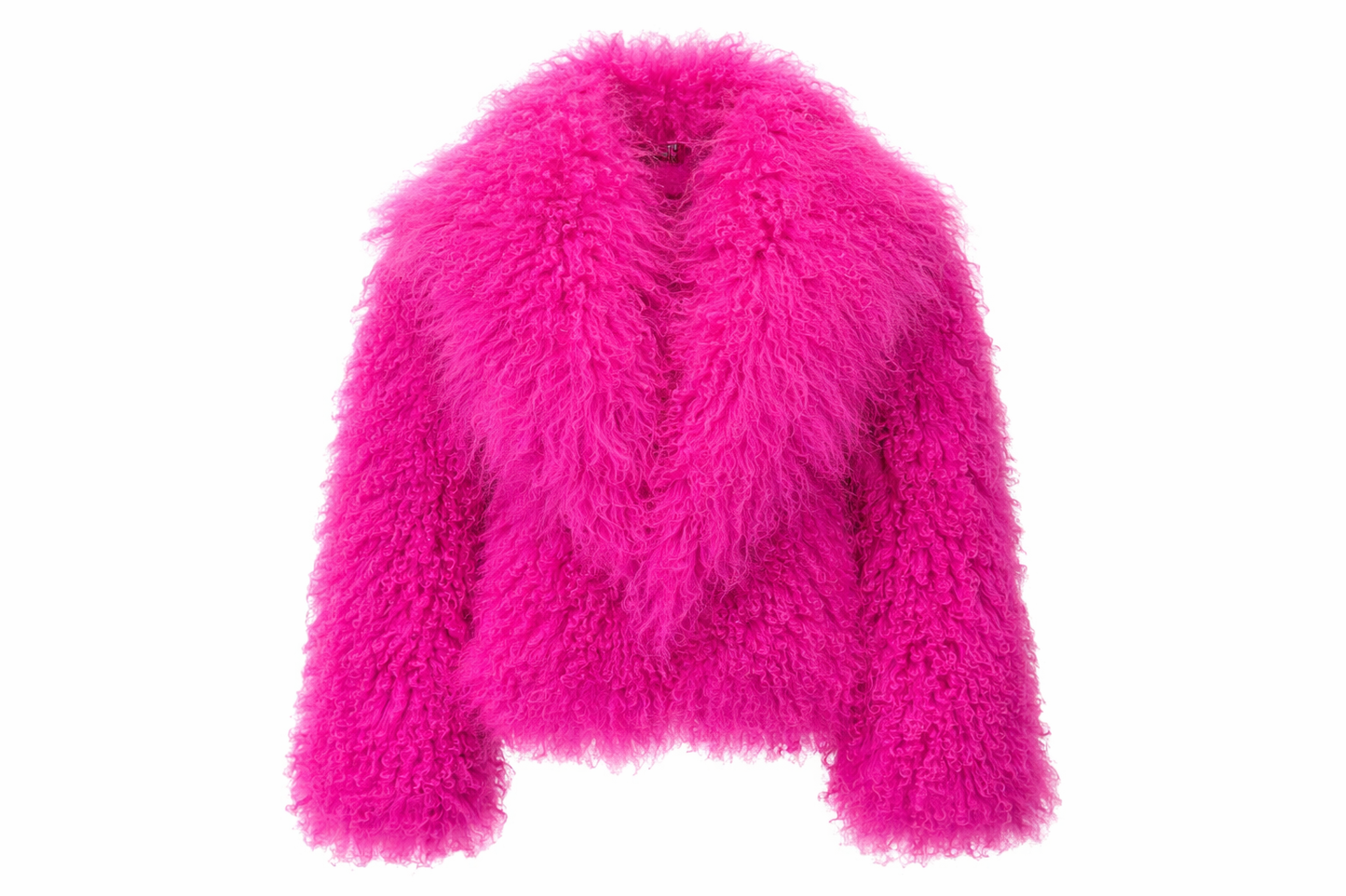 Women’s Hot Pink Real Mongolian Fur Jacket – Luxury Curly Fur