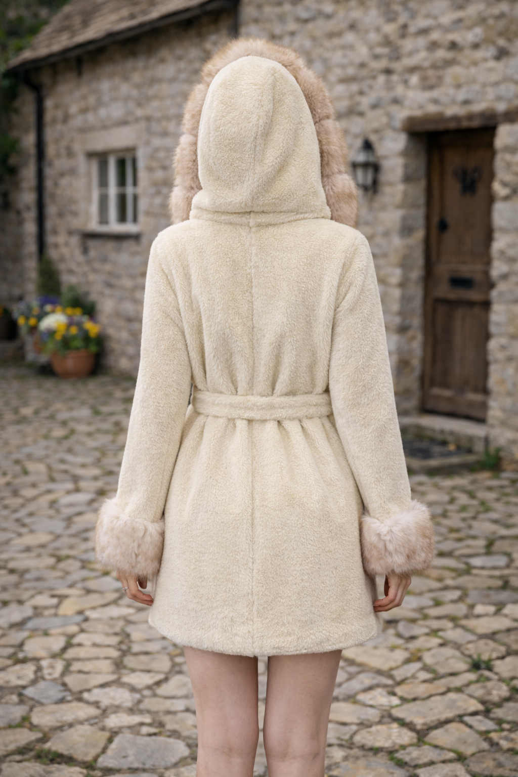 Women’s Alcantara Coat with Fox Fur Collar & Fox Fur Cuffs – Hooded, Belted Luxury Winter Coat
