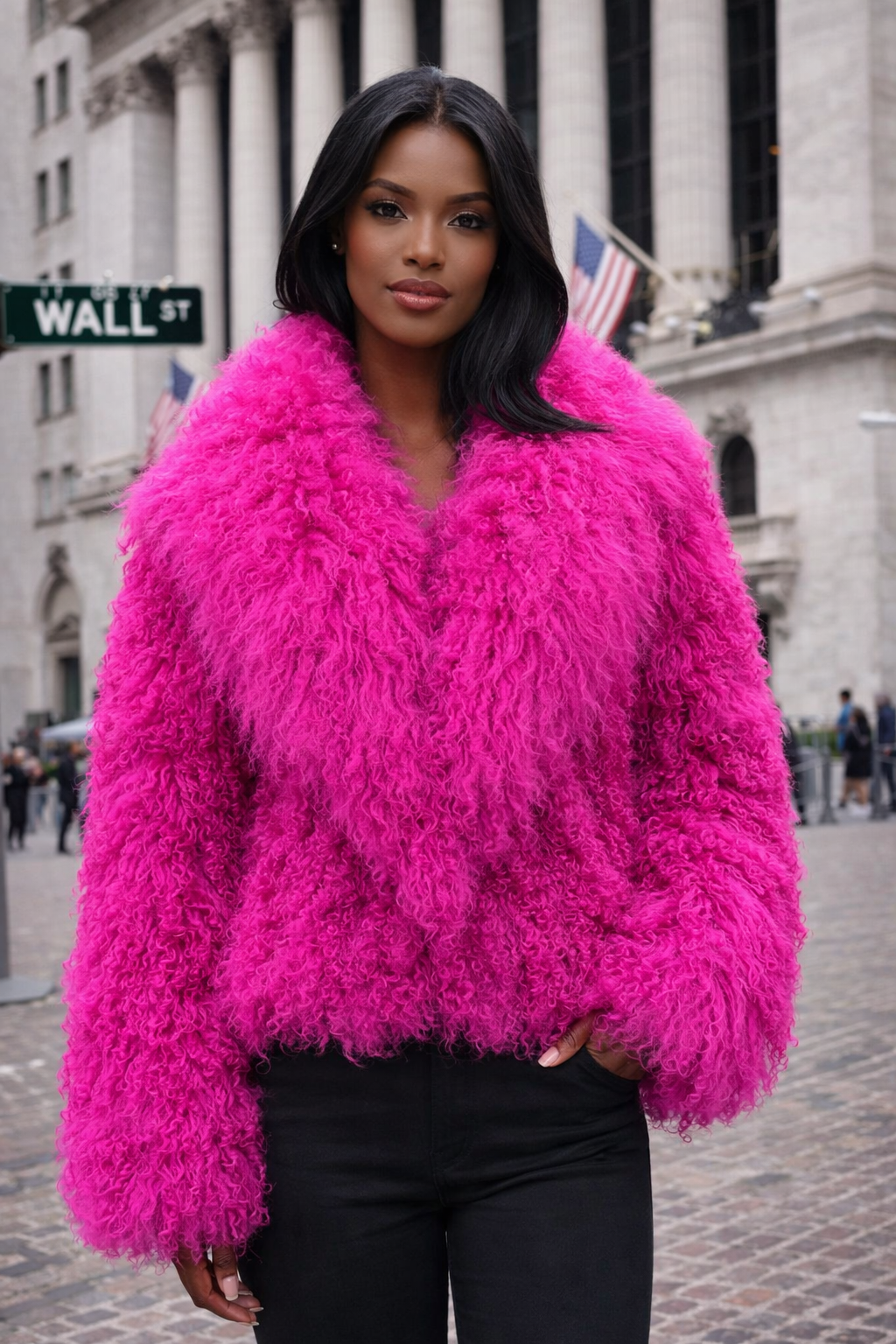 Women’s Hot Pink Real Mongolian Fur Jacket – Luxury Curly Fur