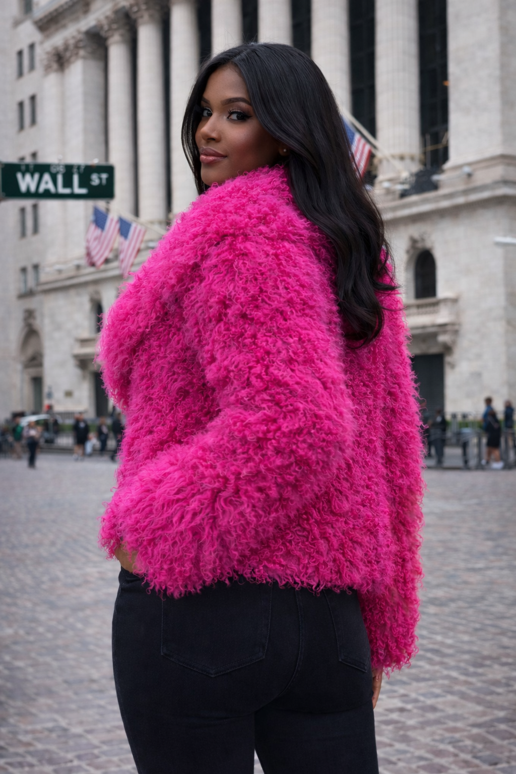 Women’s Hot Pink Real Mongolian Fur Jacket – Luxury Curly Fur