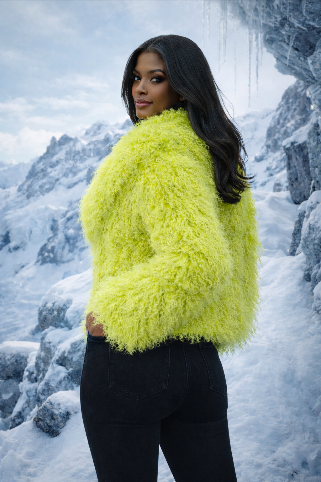 Luxury Lime Green Mongolian Fur Jacket – Winter Statement Coat for Women, High-Fashion Cold Weather Outerwear