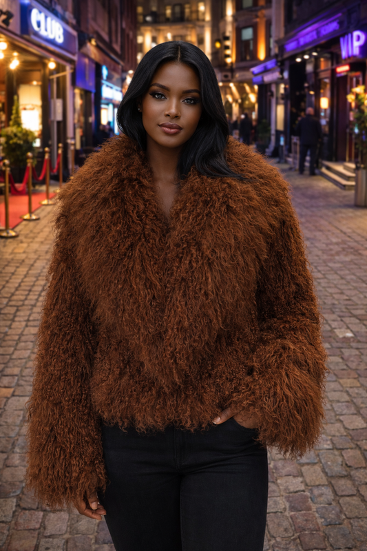 Chocolate Brown Mongolian Fur Jacket – Premium Curly Lamb Fur Outerwear
