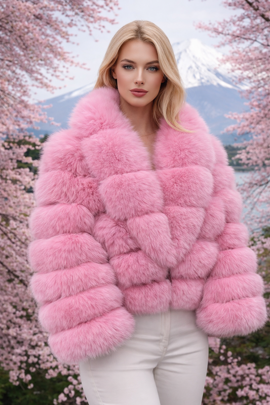 Luxury Pink Real Fox Fur Jacket for Women – Genuine Fur Winter Coat, Plush Statement Outerwear for Evening & Street Style
