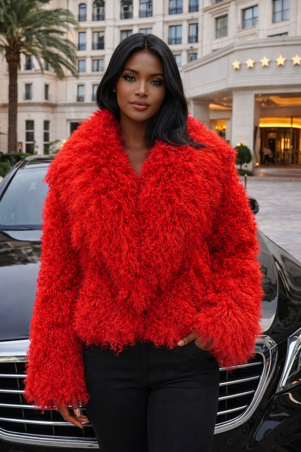 Luxury Red Mongolian Lamb Fur Jacket – High-End Curly Fur Statement Coat for Women