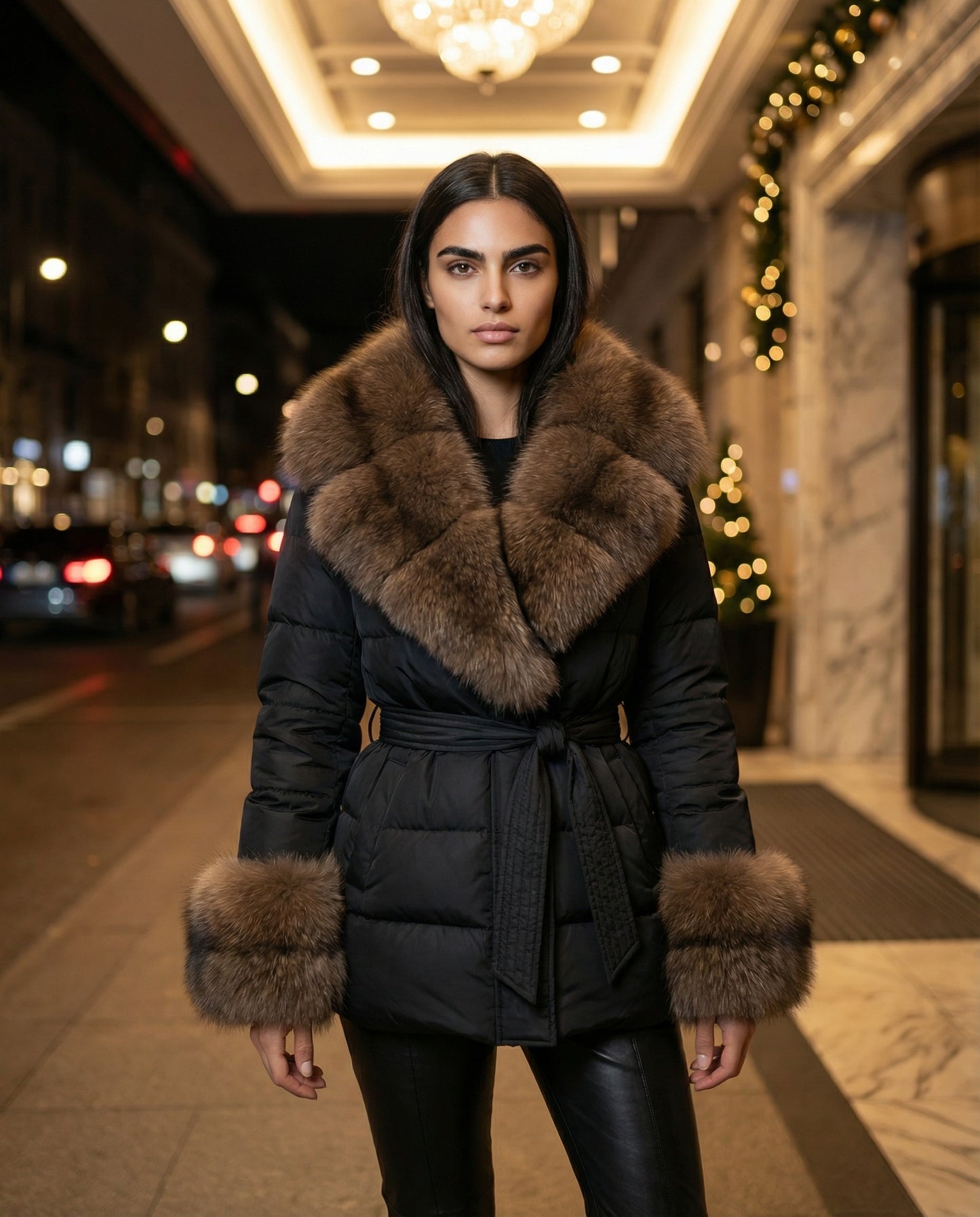 Luxury Black Puffer Coat with Brown Fur Collar & Cuffs – Women’s Premium Winter Jacket