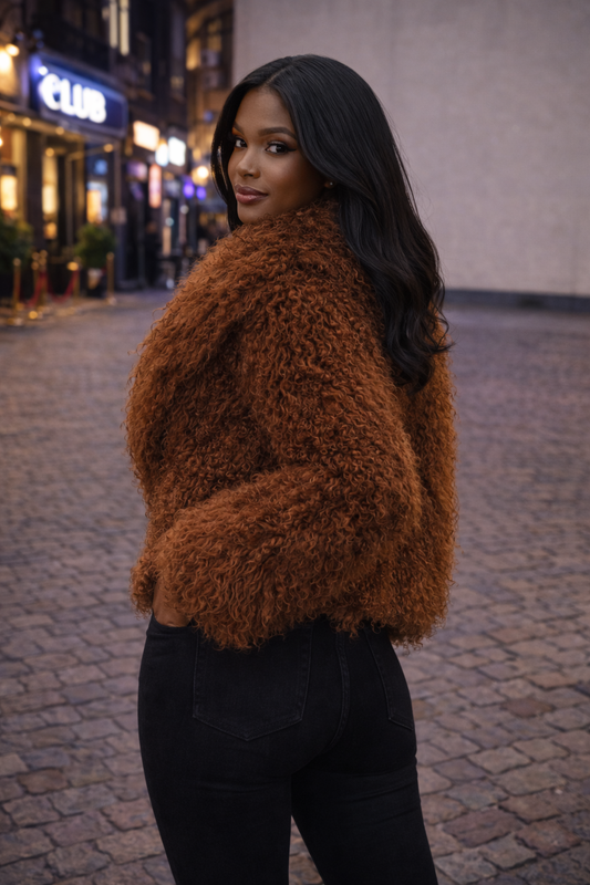 Chocolate Brown Mongolian Fur Jacket – Premium Curly Lamb Fur Outerwear