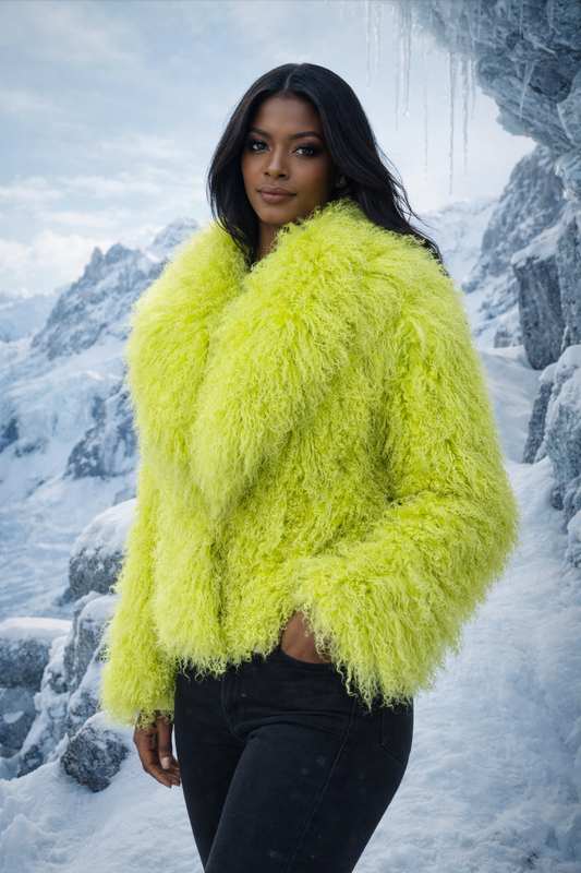 Luxury Lime Green Mongolian Fur Jacket – Winter Statement Coat for Women, High-Fashion Cold Weather Outerwear