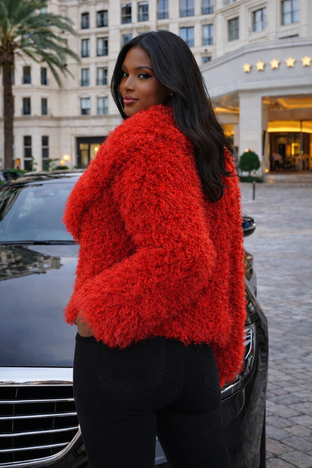 Luxury Red Mongolian Lamb Fur Jacket – High-End Curly Fur Statement Coat for Women